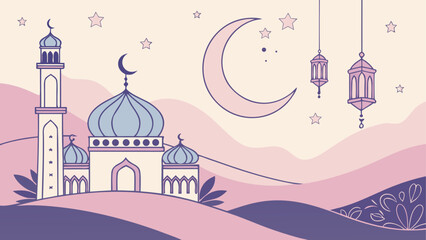 Stylized mosque illustration with crescent moon and lanterns for ramadan and eid background © MdMominul