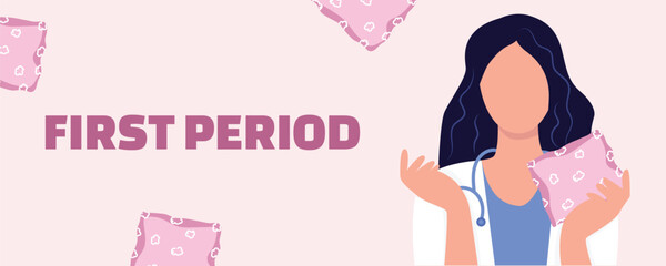 Women’s health illustration banner about menstruation, female gynecologist holding sanitary pad on pink background, period education concept © Anastasiia Bublyk