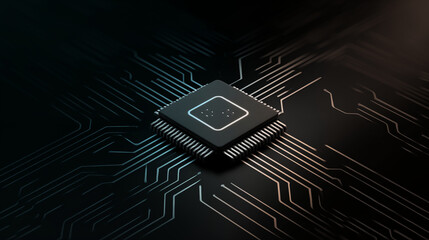 Innovative IT and technology concept of a central processor unit on a circuit board with glowing lines, representing digital data flow and advanced computing
