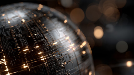 A close-up view of a metallic sphere reflecting IT and technology elements in a dark, technological environment