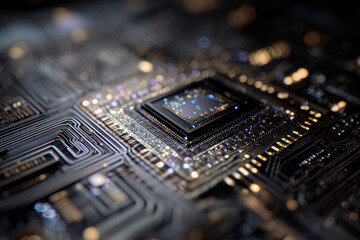 Advanced IT and technology circuit board close-up with glowing connections, symbolizing innovation and digital transformation