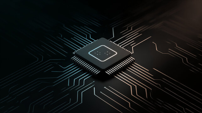 Innovative IT and technology concept of a central processor unit on a circuit board with glowing lines, representing digital data flow and advanced computing - Powered by Adobe