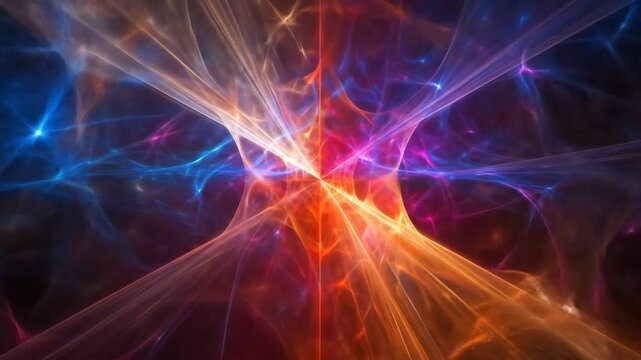 Abstract Digital Artwork with Intersecting Lines in Blue Pink and Orange on Black Background