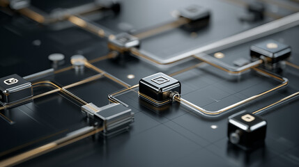 Close up of a computer circuit board with a processor and electronic components used in digital technology and audio systems