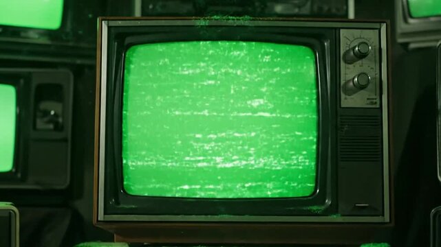 Ultra realistic retro television with green static noise screen surrounded by vintage monitors creating an analog broadcast aesthetic for media visuals