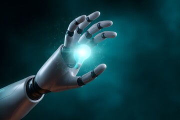 Robotic hand holding glowing light bulb, symbolizing innovation and artificial intelligence concept.