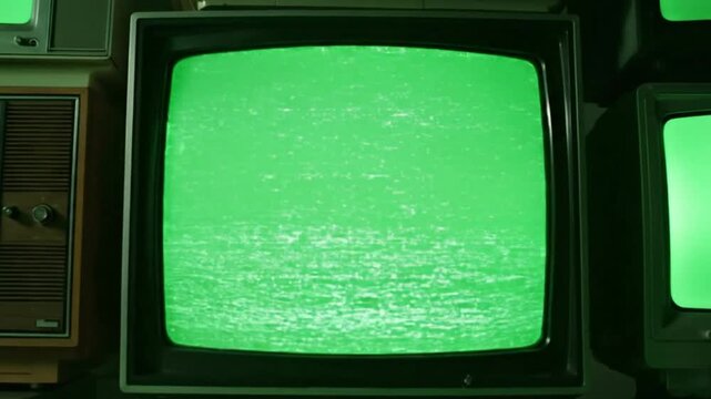 Ultra realistic close up of retro cathode ray television displaying green static noise creating a vintage technology aesthetic for media and broadcast visuals