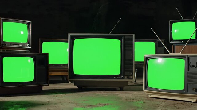 Ultra realistic collection of retro television screens with bright green chroma displays arranged in a dark room creating a vintage technology mockup scene