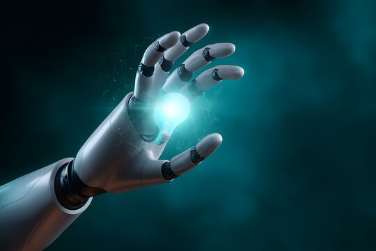 Robotic hand holding glowing light bulb, symbolizing innovation and artificial intelligence concept. - Powered by Adobe