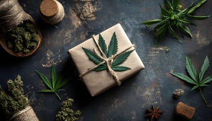 Marijuana cannabis topic concept. A topdown view of a rustic, dark, and textured surface adorned with cannabisthemed items. The main subject is a wrapped gift box with a cannabis leaf design