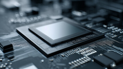 Close-up macro view of a modern computer processor chip, representing IT and technology advancements and innovation in the digital age