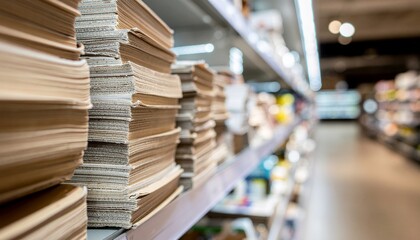 Obraz premium Organized stacks of bulk paper on a store shelf, extending into a blurred background, suggesting a wide selection of stationery and office supplies