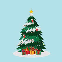Decorated Christmas tree with gifts illustration for holiday celebration, winter decoration, greeting cards, festive branding, and seasonal design use.