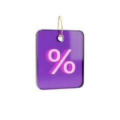 3D purple sale tag icon with a percent sign showing a discount promotion button for business and web design on a transparent background