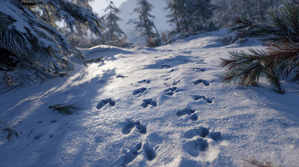 Fresh wolf tracks cross snowy ground sprinkled with pine needles in a taiga forest, winter wilderness scene, calm and natural atmosphere.