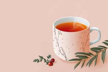 Minimalistic winter tea scene with branches and berries for seasonal design