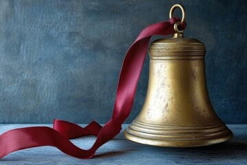 Minimalistic golden bell with red ribbon on blue background for elegant interior design