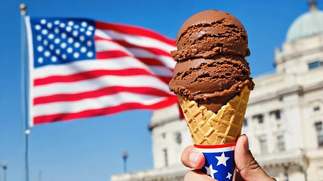 A double scoop chocolate ice cream cone held up against a waving american flag