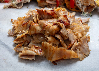 Gyro sliced meat closeup, doner shawarma wraps, traditional greek street food