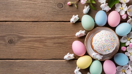 Colorful Easter-themed arrangement featuring pastel eggs, decorative bunnies, and a frosted cake with sprinkles on a rustic wooden table, celebrating spring festivities and joy