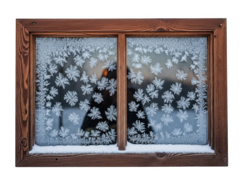 Winter frosted wooden window pane intricate ice crystal patterns cold weather aesthetic cozy home decor transparent background - Powered by Adobe