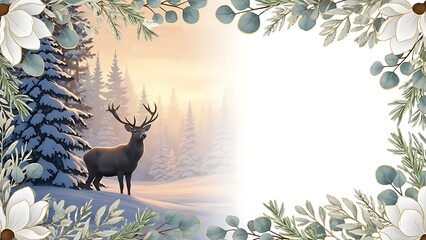 Customizable holiday template with a snowy forest scene and negative space for adding greeting card text.