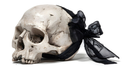 Obraz premium skull with a black ribbon or bow tied around its head, often used for decorative or symbolic purposes