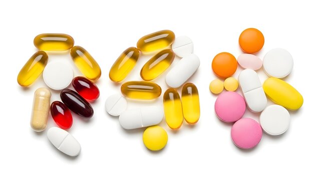 Vitamin capsules and tablets isolated on white background, healthcare concept