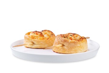 Basil cheese tomato puff pastry hearts for Valentine's day holidays on a white isolated background