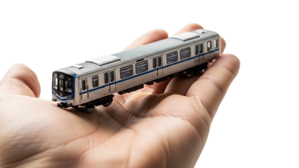 Small detailed metro train model held in hand for urban transport concept isolated on transparent background