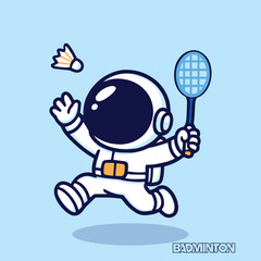 cute astronaut Jumping to catch the shuttlecock with Badminton astronaut, space, badminton, badminton player, sports, cartoon, mascot, illustration, vector, character, astronaut cartoon, space suit, h