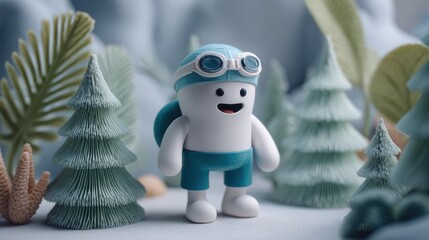 Cheerful Chibi Swimmer Mascot Holds Swim Cap in Pastel Setting With Trees and Aquatic Theme