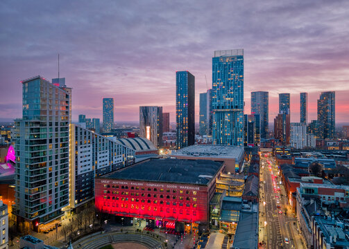 Manchester City centre Aerial night view of Deansgate Square and Beetham Tower Manchester northern England. City Centre at sunrise with coloured sky