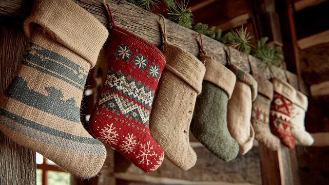 A row of Christmas stockings hanging on a wooden shelf. Close-up of Christmas stockings made of burlap and wool hanging by wooden beam, farmhouse festive feel, country style christmas