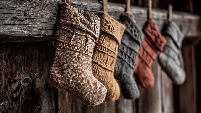 A row of Christmas stockings hanging on a wooden wall. Close-up of Christmas stockings made of burlap and wool hanging by wooden beam, farmhouse festive feel, country style christmas