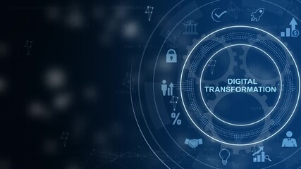 Concept of digitization of business processes and modern technology. Digital transformation, Cog Gear Wheel with social media icons on technology abstract 4K Animation background. - Powered by Adobe