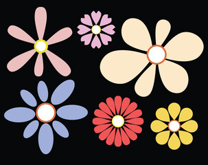 Retro flowers colorful simple shapes isolated.