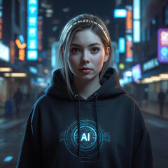 Cyberpunk Woman With Glowing AI Symbol in Neon City at Night