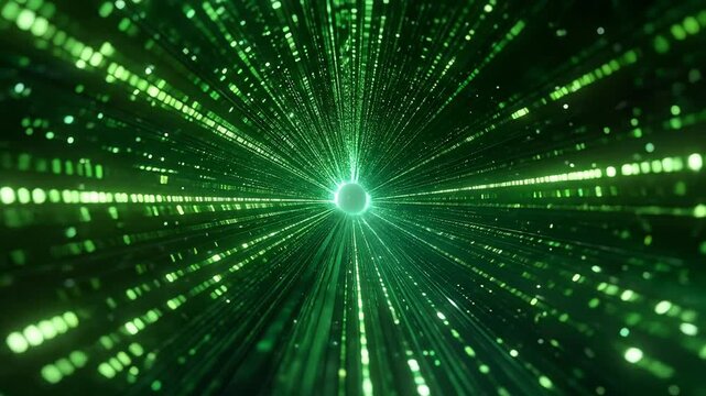 Glowing Green Data Stream Tunnel with Central Bright Light Source