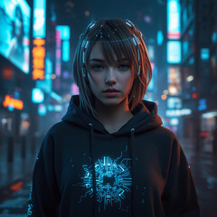 Cyberpunk Woman With Glowing AI Symbol in Neon City at Night