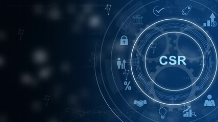 CSR abbreviation, modern technology concept. Business, Technology, Internet and network concept, Cog Gear Wheel with social media icons on technology abstract 4K Animation background. - Powered by Adobe