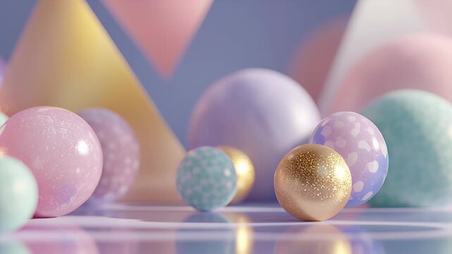 A collection of colorful balls, including pink, yellow, and blue. Pastel festive shapes blending with smooth gradients, gentle shimmering accents, clean composition, pastel christmas background