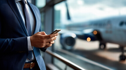 Faceless businessman in navy suit holding smartphone at floor to ceiling airport window defocused background with massive commercial aircraft departing anonymous professional