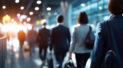 Diverse faceless group of business colleagues walking collaboratively through terminal heavily defocused background anonymous multi ethnic professionals in coordinated movement
