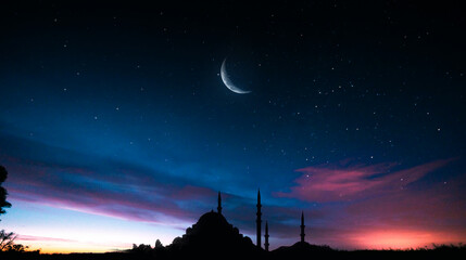 Muslim mosque silhouette and the moon in the night sky. Ramadan festive, islam religion.