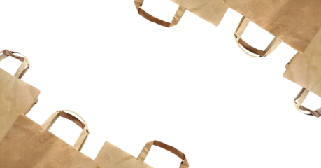 Paper shopping bags, isolated. Empty brown bags with handles, abstract, modern layout. Concept of shopping, sales, black friday, food delivery, sustainable packaging. PNG