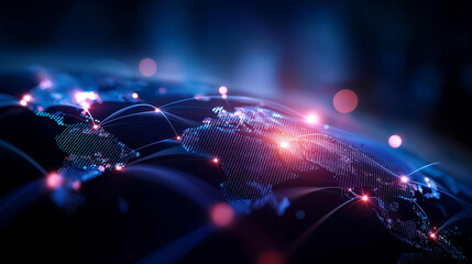 Digital world map interface with glowing neon connection points defocused background elements futuristic global network visualization illuminated data nodes across continents