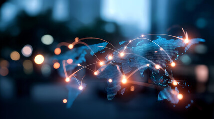 Digital world map interface with glowing neon connection points defocused background elements futuristic global network visualization illuminated data nodes across continents
