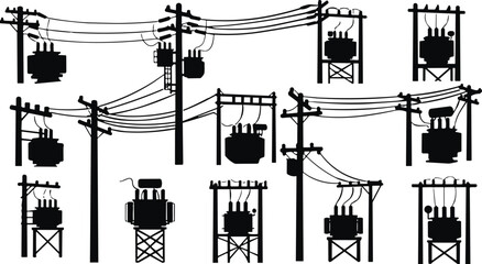 Collection of Electrical Distribution Pole and Transformer Silhouettes, Utility Pole Line Vector Set for Energy Infrastructure, City Planning, and Power Supply Projects, Isolated Black Icons.
