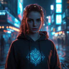 Cyberpunk Woman With Glowing AI Symbol in Neon City at Night